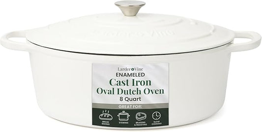 Larder & Vine Enameled Cast Iron 8 qt Dutch Oven Pot with Lid | Bread Baking | Compatible on All Cooktops & Oven Safe to 500째 F | Great for Sourdough Bread | White