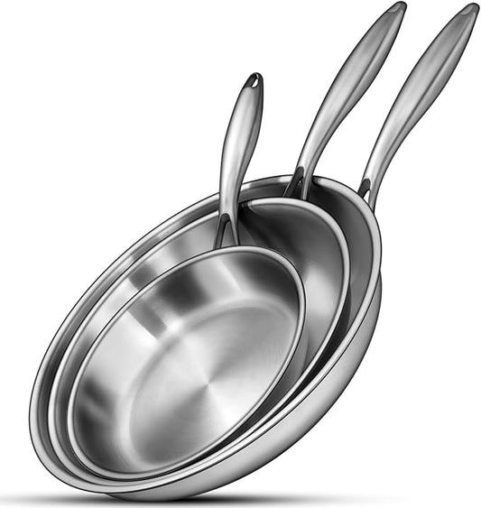 EWFEN Tri-Ply Stainless Steel Frying Pans Set, 8??10??12??Cooking pans, PFOA&PTFE Free Skillet, Induction Cooking Pan, Dishwasher and Oven Safe, Fast & Even Heat, Heavy Duty and Detachable Handle