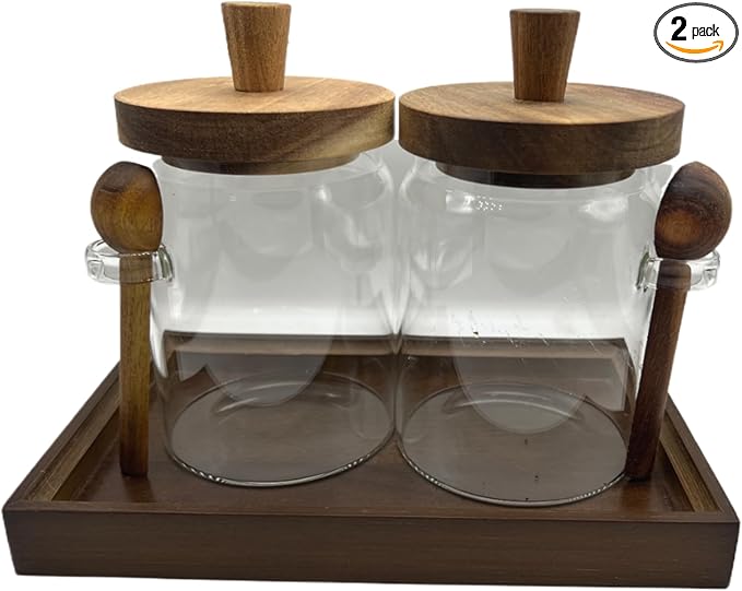 Glass Jars with Brown Wooden Lids and Scoops 20oz 2Pack with Tray, Airtight Food Storage Containers with Tray for Sugar Coffee Bean Candy Spice