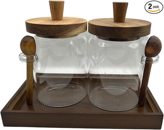 Glass Jars with Brown Wooden Lids and Scoops 20oz 2Pack with Tray, Airtight Food Storage Containers with Tray for Sugar Coffee Bean Candy Spice