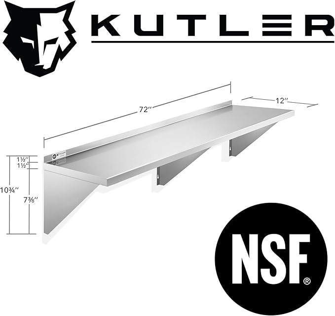 KUTLER Stainless Steel Shelf - 12" x 72", NSF Commercial Wall Mount Shelves with Backsplash, Floating Metal Shelving for Restaurant, Kitchen, Home