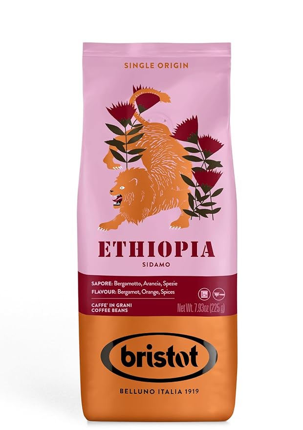 Bristot Single Origin Ethiopia Sidamo ??Italian Espresso Beans ??100% Arabica ??Medium Roast ??Notes of Bergamot, Orange & Spices ??7.93 oz ??225 g