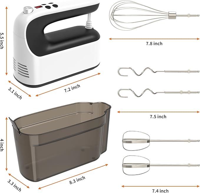 9-Speed Digital Hand Mixer Electric, 400W Powerful DC Motor, Baking Handheld with Snap-On Storage Case, 5 Stainless Steel Accessories, Flat Beaters, Dough Hooks, Whisk(White/Black)
