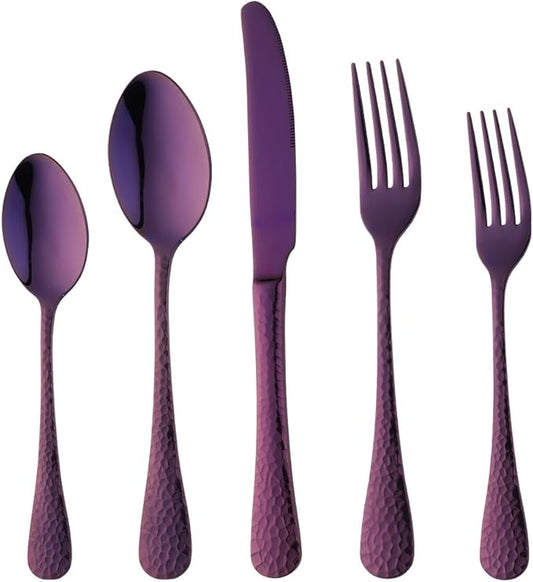 Purple Silverware Set, 20 Piece Premium 18/8 Stainless Steel Hammered Kitchen Utensil Flatware Cutlery Sets of 4, Mirror Polish, Dishwasher Safe