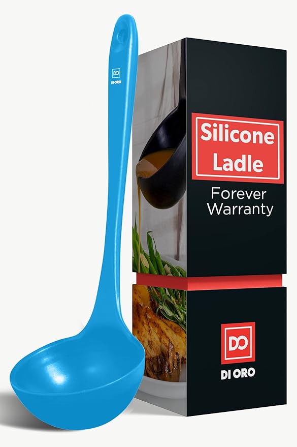 DI ORO Silicone Ladle ??Soup Ladle for Cooking & Serving Heat-Resistant - Large Kitchen Soup Ladle Nonstick Cookware Safe - Soup Serving Spoon with Wide Bowl - Silicone Utensil Dishwasher Safe (Blue)