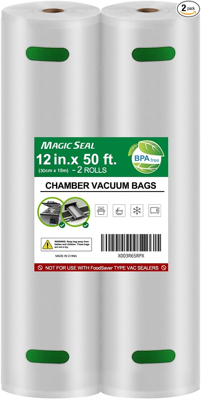 MAGIC SEAL Chamber Vacuum Sealer Bags Rolls - Clear 12?쇺셹50??Smooth Rolls 2 Pack, BPA Free Great for Food Vac Storage & Sous Vide, Non-Textured, Not Compatible with FoodSaver-Type Vacuum Sealers