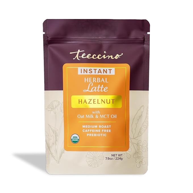 Teeccino Organic Instant Hazelnut Herbal Latte ??14 Servings ??Creamy Oat & Coconut Latte Plus MCT Oil with Buttery Hazelnuts & Dates Accenting Roasted Chicory ??Prebiotic, Caffeine-Free ??7.9 ounces