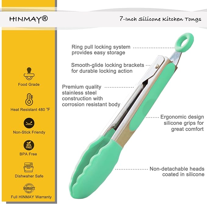Small Tongs with Silicone Tips 7-Inch Serving Tongs, Set of 3 (Pink Mint Yellow)