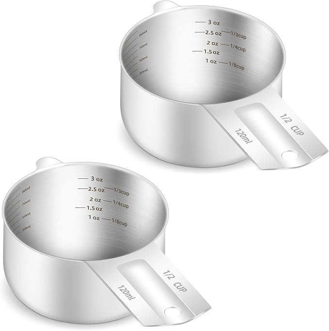 BERYLER 2PCS 1/2Cup (120ml, 4oz) Single Measuring Cup, Etched Inner Scale Stainless Steel Measure Scoop, Metric and US Measurement, Dishwasher Safe