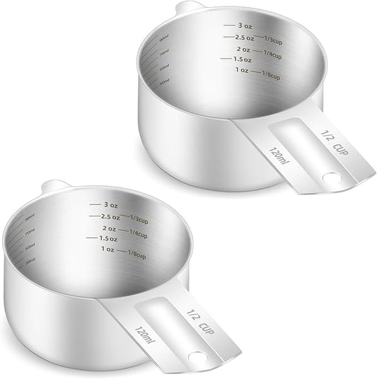 BERYLER 2PCS 1/2Cup (120ml, 4oz) Single Measuring Cup, Etched Inner Scale Stainless Steel Measure Scoop, Metric and US Measurement, Dishwasher Safe