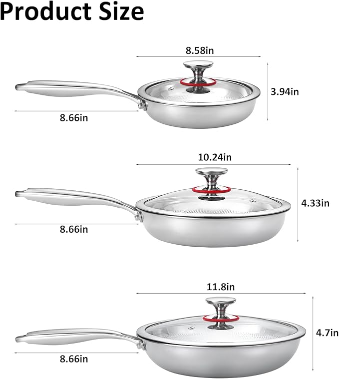 Lazycorner Titanium Non-stick Frying Pan with Lid, 8, 10, and 12 Inch Hammered Nonstick Skillet Set, Titaniums Coating & Scratch-Resistant, PFOA Free, Induction Compatible Cookware