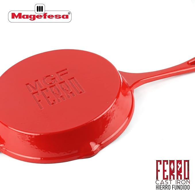 Magefesa FERRO 12.2" Enameled Cast Iron Red Skillet, Superior Heat Retention & Distribution, Compatible with All Cooktops, Induction & Oven Safe, Energy-Efficient, Durable, Easy to Clean