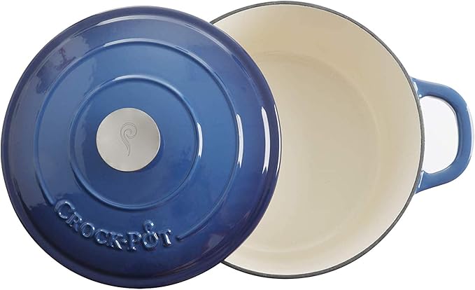 Crock-Pot Artisan 5-Quart Round Enameled Cast Iron Dutch Oven ??Blue, Durable Heavy-Duty Cookware for Slow Cooking, Roasting, Baking with Lid