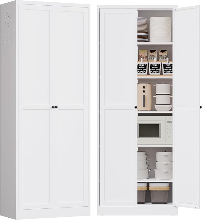 72" Tall Kitchen Pantry Cabinet,White Metal Pantry Cabinet with 2 Doors & 5 Adjustable Shelves,Utility Storage Cabinet Rust-Resistant for Living Room,Dining Room,Bathroom,Garage,Basement
