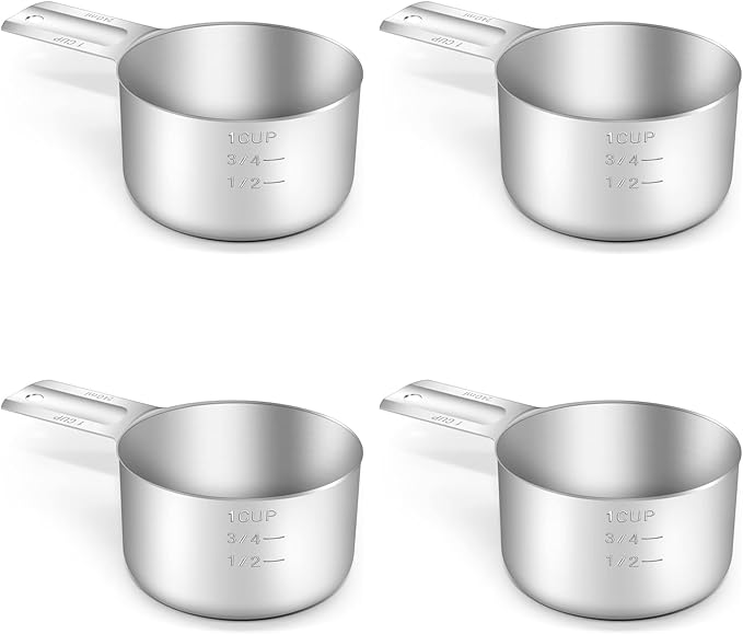 BERYLER 4PCS 1Cup (240ml, 8oz) Single Measuring Cup, Stainless Steel Measure Scoop, Metric and US Measurement, Dishwasher Safe