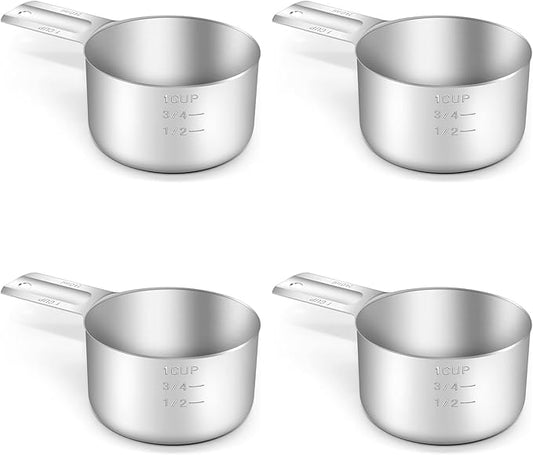 BERYLER 4PCS 1Cup (240ml, 8oz) Single Measuring Cup, Stainless Steel Measure Scoop, Metric and US Measurement, Dishwasher Safe