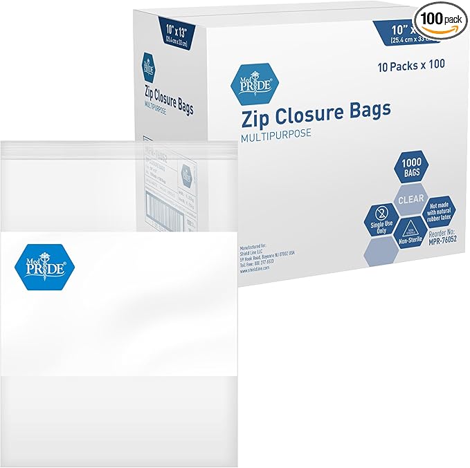 MED PRIDE Reusable Clear Zip Closure Bags [Bulk Pack of 1000] Strong Plastic Storage Bags With Zipper| Medical Zip Bags With Writing Block For Labeling| Medium Size (10'' x 13'')
