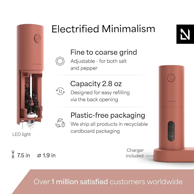 LARS NYS횠M Electric Salt and Pepper Grinder Set, USB Rechargeable, Automatic Salt and Pepper Mills, Spice Shakers Refillable with LED Light, Adjustable Coarseness, Ceramic Grinder (Brick Red)