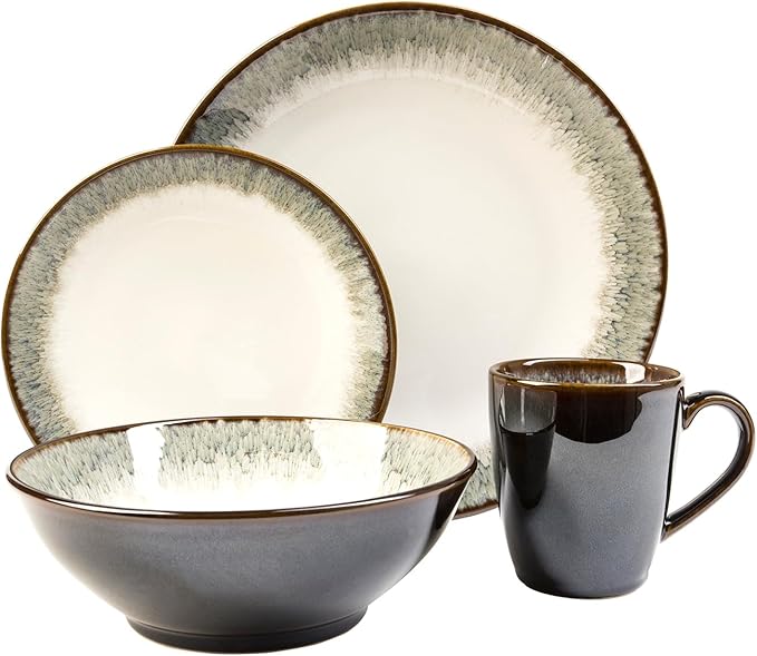 Sango 16-Piece Stoneware Dinnerware Set for 4, Glossy White & Green Mugs, Plates and Bowls Sets- Reactive Glaze, Ceramic Dish Set, Dishes for Everyday Use, Microwave & Dishwasher Safe, Novelle Moss