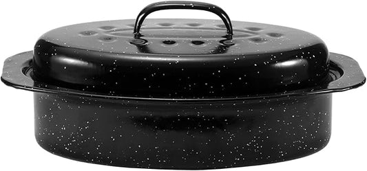 JY COOKMENT Granite Roaster Pan, Small 13??Enameled Roasting Pan with Domed Lid. Oval Turkey Roaster Pot, Broiler Pan Great for Small Chicken, Lamb. Dishwasher Safe Cookware Fit for 7Lb Bird