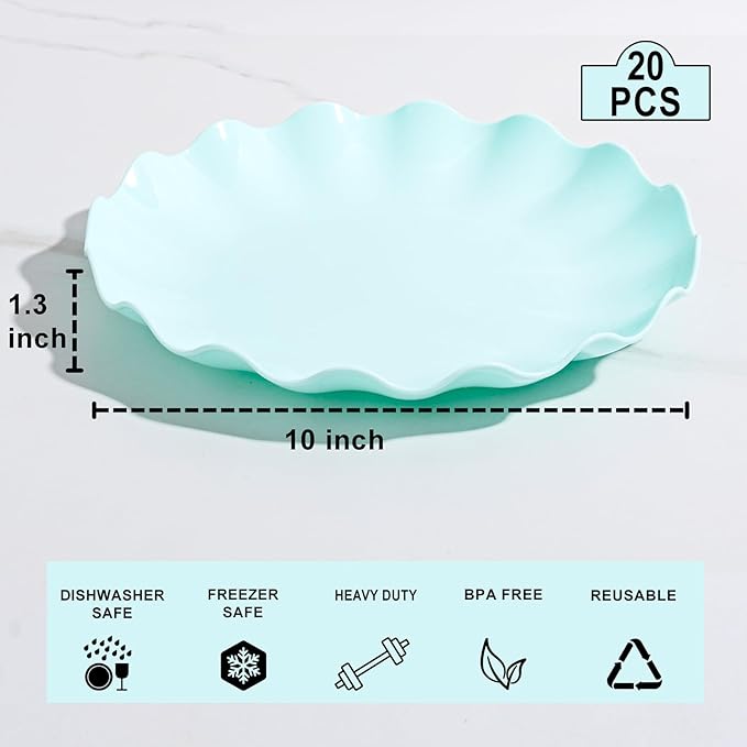 LIYH 20 Pcs 10 Inch Ice Blue Plastic Plates Reusable - Unbreakable Light Blue Scalloped Plastic Outdoor Plates Dishwasher Safe for Party
