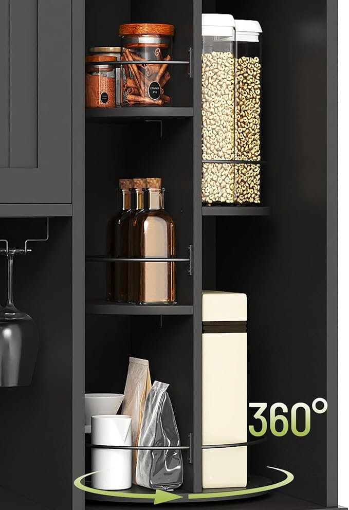 Pantry Cabinet, 67.7" Tall Kitchen Pantry Storage Cabinet with 360째 Rotating Shelf & 2 Pull-Out Racks, Freestanding Kitchen Hutch with Charging Station & Drawer, for Dining Room, Black