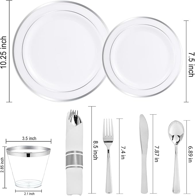 WELLIFE 210 Piece Silver Plastic Dinnerware Set for 30 Guests, Plastic Plates for Party, Include: 30 Dinner Plates, 30 Dessert Plates, 30 Pre Rolled Napkins with Silver Silverware and 30 Silver Cups