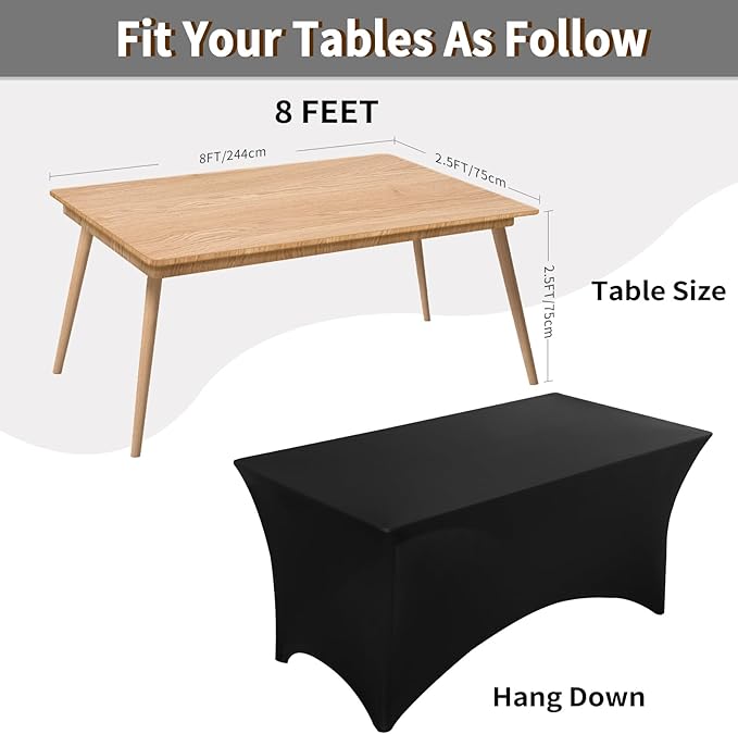 Fixwal 6 Pack Black Table Cloths Rectangle 8FT, Spandex Table Covers, Table Cloths for 8 Foot Rectangle Tables, Fitted Tablecloth (96L x 30W x 30H Inch)