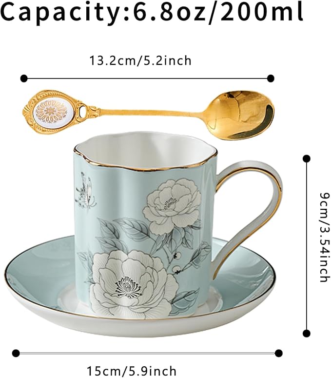 Floral Tea Cup and Saucer Set, Bone China Cup and Saucer with Spoon, Elegant Porcelain Coffee Cup with Gold Trim, Food Grade Coffee Mug for Women, Tea Party, Gifts Giving, 6.8 oz