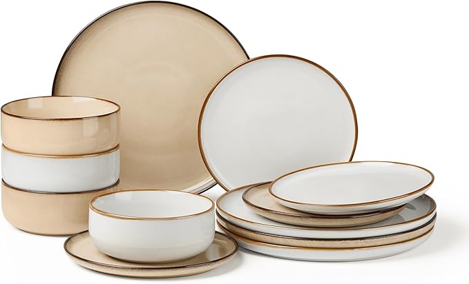 Herogo 12 Pieces Stoneware Dinnerware Dishes Set for 4, Kitchen Dining Plates and Bowls Sets, Double Reactive Glaze, Microwave & Dishwasher Safe, Scratch Resistant, Ivory White & Cream Khaki