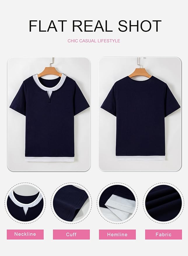 SHEWIN Womens Tops Casual Crewneck Color Block Short Sleeve Mock Double Layer T-Shirt Summer Outfits for Women 2026