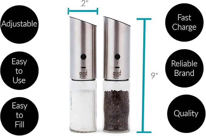 Grind Gourmet Automatic Electric Salt or Pepper Grinder Mill, Gravity Activated Pepper Grinder, Battery Operated with LED Light, Adjustable Coarseness, Home & Kitchen Small Appliance, Cooking Tool