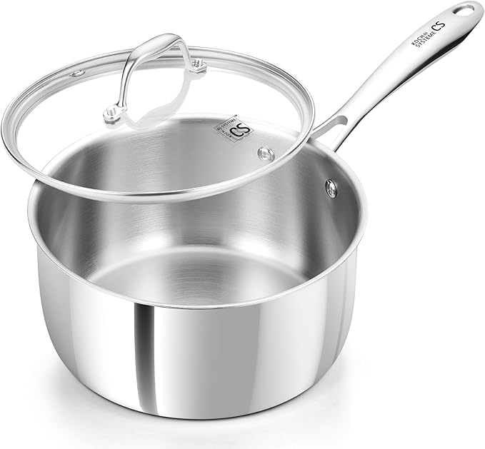 KOCH SYSTEME CS Triply Stainless Steel Saucepan, 3 Quart Stainless Steel Pot with lid, Large Cooking Pot, 3QT Sauce Pan with Stay Cool Handle, Induction Compatible Pot, Oven Safe 600째F