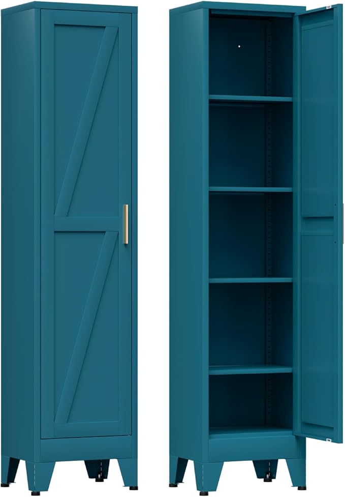 COFaR 67'' Tall Slim Bathroom Storage Cabinet, Metal Narrow Bathroom Cabinet with 4 Adjustable Shelves and One Door, Skinny Cabinet Storage for Kitchen Laundry, Peacock Blue Farmhouse 5 Tiers