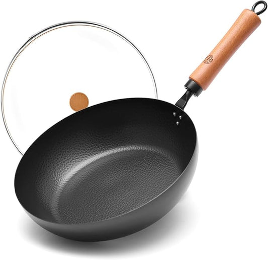 WANGYUANJI 11-Inch Carbon Steel Frying Pan with Beech Wooden Handle & Glass Lid - Physical Non-Stick, Non-Coating Skillet for Induction, Saut챕ing, Frying, Stir-Frying