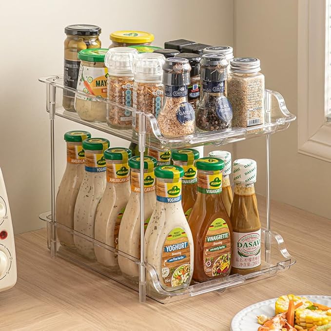 Expandable Cabinet Organizer Shelf, 2-Tier kitchen Counter Organization Shelves, Spice Rack,Clear Plastic Countertop Storage Rack for Makeup, Pantry, Cupboard, Bathroom, Desk Organization