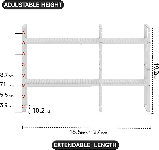 2Pack Expandable Cabinet Countertop Shelves 16.5-27?쇺셂, Adjustable Metal Spice Rack Organizer, Stackable Kitchen Counter Storage Shelves Organizers for Cabinet Organization, White
