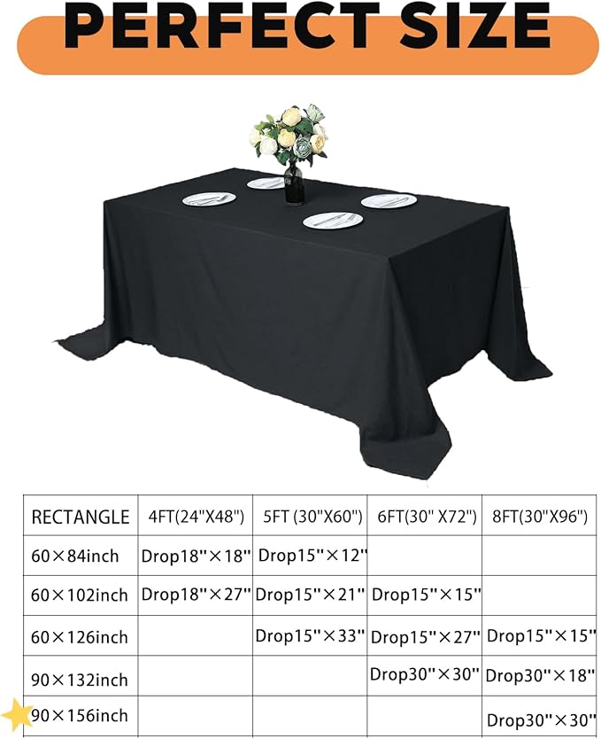 TWINPRET Rectangle Tablecloth 90 x 156 Inch, Black Waterproof Washable Polyester Table Cloth - Stain & Oil Resistant Rectangular Table Cover for Outdoor, Indoor, Banquet & Party (Fits 8 Foot Tables)