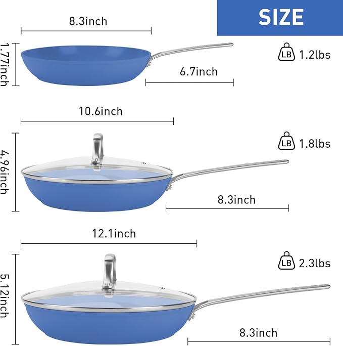 MsMk 5-Piece Ceramic Non Stick Pans Set 8, 10, 12 Inch Frying Pans, 10inch and 12 Inch with Tempered Glass Lids, Stay-Cool Handles, Oven Safe 700?? Compatible with All Cooktops
