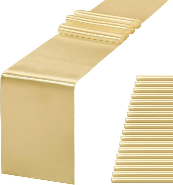 JEVIX 20 Pack Satin Table Runner 12 X 108 Inch Silk Table Runner for Party,Wedding, Birthday, Banquets,Decoration(Light Gold)