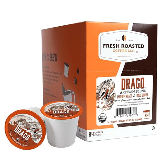 Fresh Roasted Coffee, Organic Drago Caf챕 Blend | USDA Organic, Kosher | Medium Roast 24 Pods for K Cup Brewers