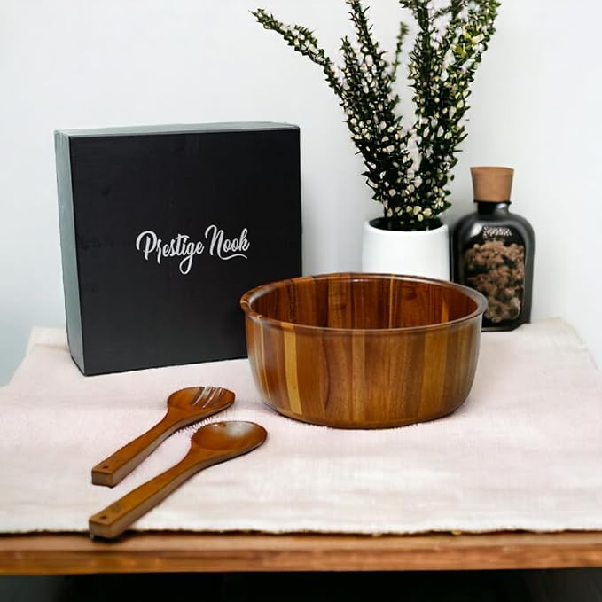 Extra Large Wooden Salad Bowl - 12??x 5??Acacia Wood Serving bowl with 2 servers, Large Fruit bowl for food with serving utensils, Housewarming Wedding Christmas Gift
