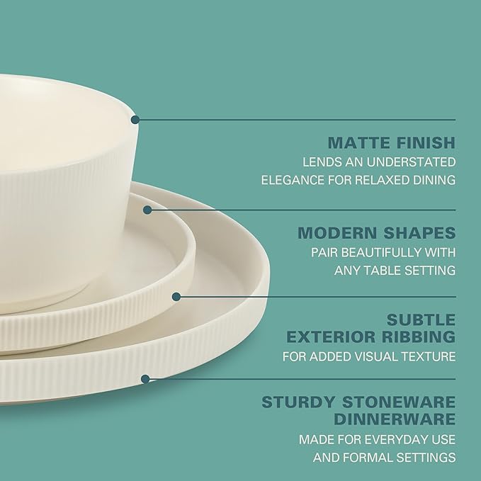 Gibson Home Dempsey Road 12-Piece Stoneware Dinnerware Set ??Service for 4, Round White Plates and Bowls, Durable Solid Color Modern Embossed Dish Set, Microwave & Dishwasher Safe
