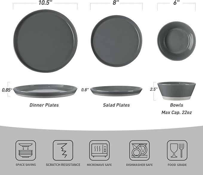 Famiware Saturn Dinnerware Sets for 8, 24 Pieces Stoneware Plates and Bowls Dish Set - Chip and Scratch Resistant, Microwave and Dishwasher Safe Tableware, Dark Gray