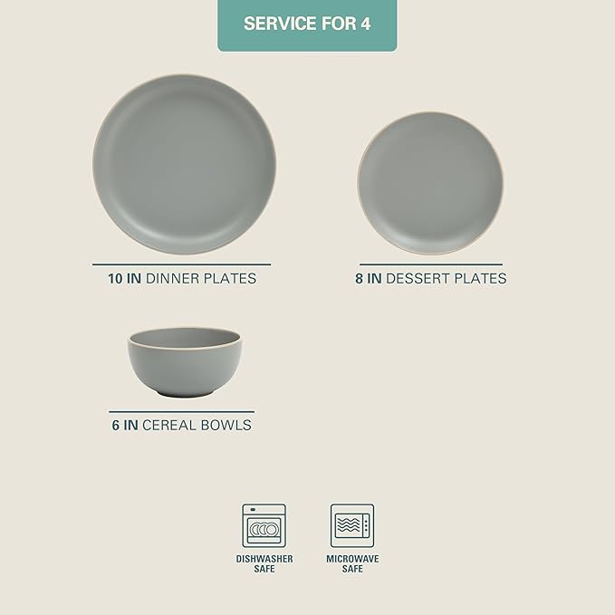 Gibson Home Rockaway 12-Piece Stoneware Dinnerware Set, Matte Finish, Service for 4, Modern Ceramic Plates and Bowls, Microwave & Dishwasher Safe ??Soft Gray - Service for 4