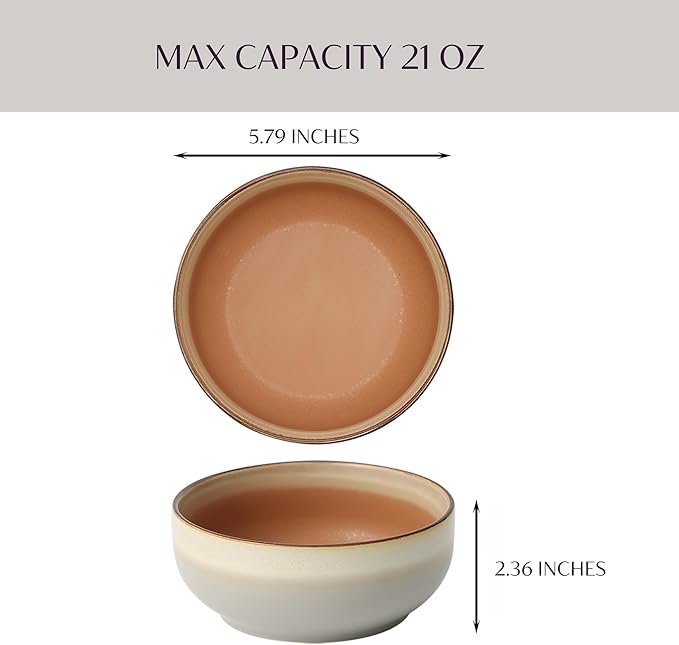 Ceramic Cereal Bowls Set of 4-21 oz Stoneware Bowls for Soup, Salad, Dessert or Ice Cream - Stackable, Dishwasher & Microwave Safe, Small Rustic Bowls for Kitchen -Terracotta/Reactive Glaze