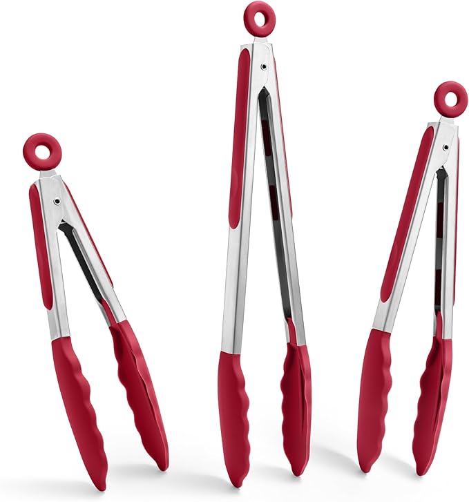 Doosu Kitchen Tongs for Cooking - 600째F Heat Resistant Food Tong Set with Non-Scratch Silicone Tips, Heavy Duty Stainless Steel Locking Tong for BBQ, Grilling Steak, Serving Salad (7+9+12in, Red)