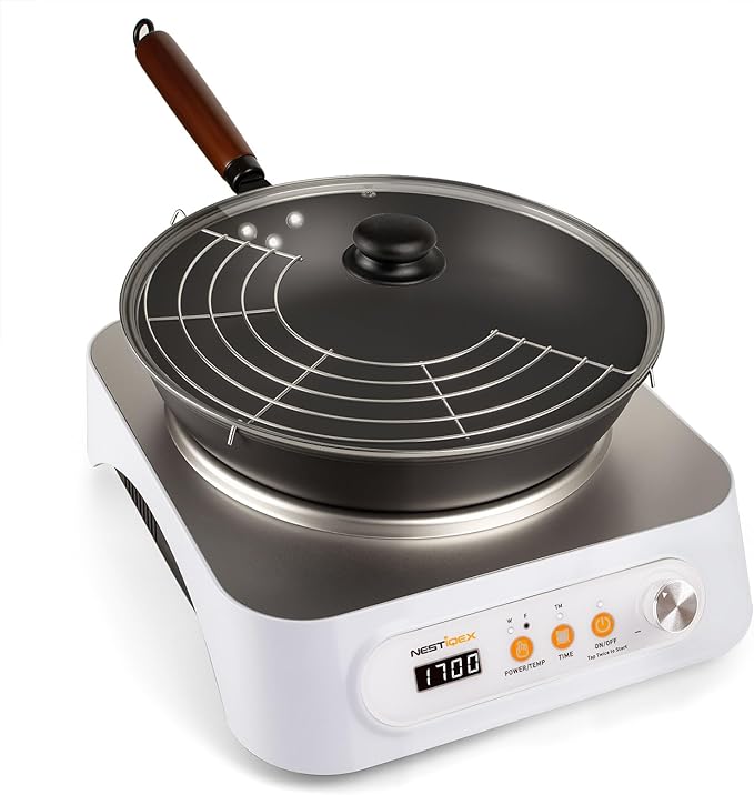 Induction Wok Burner, NESTIQEX Portable Induction Cooktop with Carbon Steel Wok, Glass Vented Lid, Rack, 194??446?? 24 Hrs Timer, Auto-off 1700W/120V Electric Burners for Restaurant, Kitchen