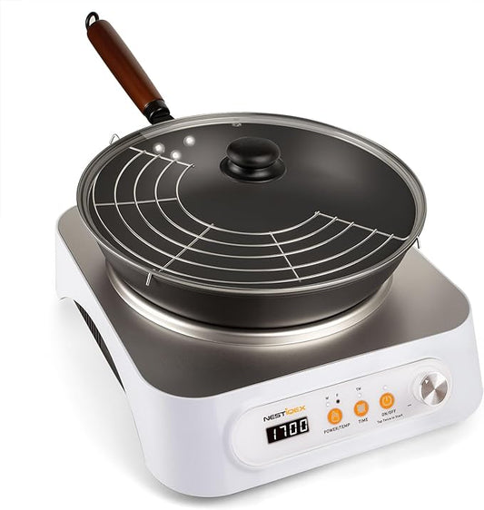 Induction Wok Burner, NESTIQEX Portable Induction Cooktop with Carbon Steel Wok, Glass Vented Lid, Rack, 194??446?? 24 Hrs Timer, Auto-off 1700W/120V Electric Burners for Restaurant, Kitchen