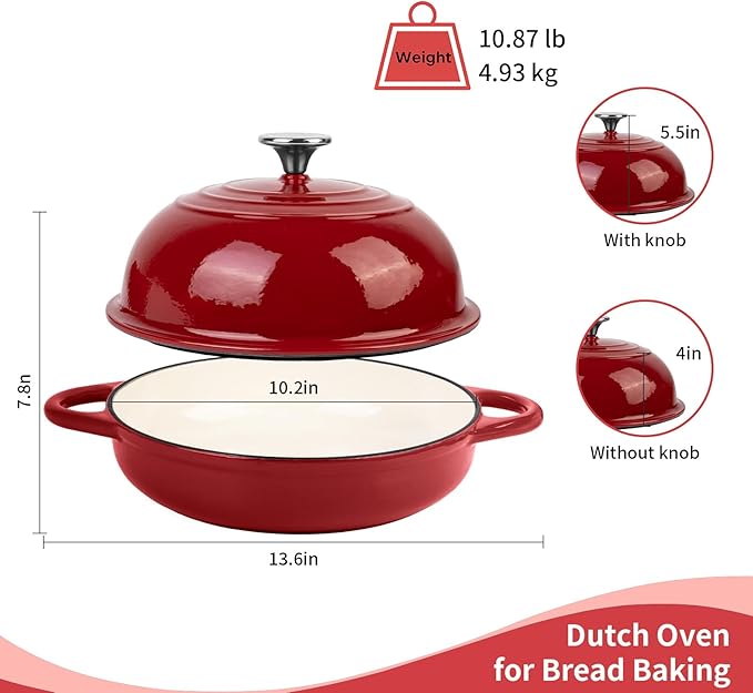Dutch Oven for Bread Baking, 5.4 Quart Dutch Enameled Cast Iron Bread Oven, Dutch Oven for Sourdough Bread Baking, Oven Safe up to 500째 F, 25 cm Red